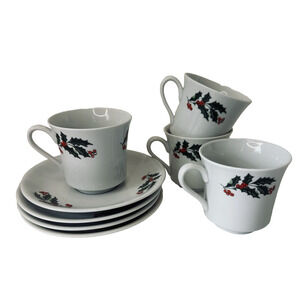 ALCO Holiday Flat Cup & Saucer Set of 4, Green Holly Red Berries Christmas